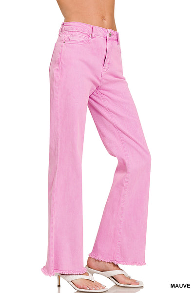Zenana Acid Washed Frayed Cutoff Hem Straight Wide Pants - 31" Inseam