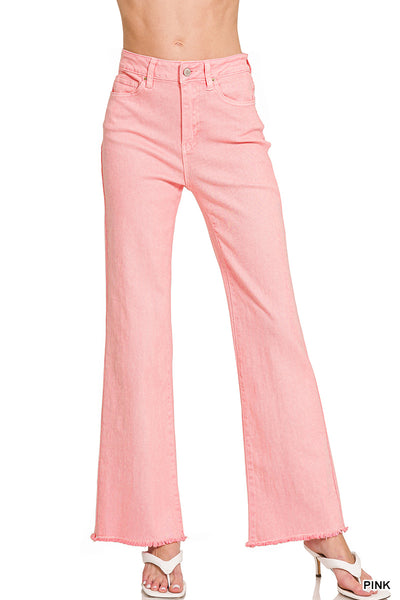 Zenana Acid Washed Frayed Cutoff Hem Straight Wide Pants - 31" Inseam