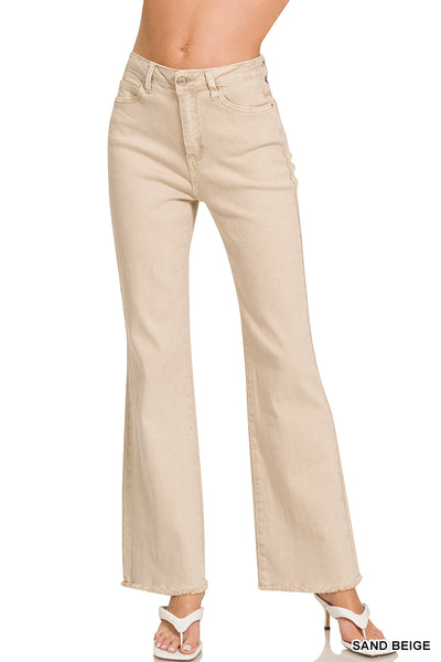 Zenana Acid Washed Frayed Cutoff Hem Straight Wide Pants - 31" Inseam