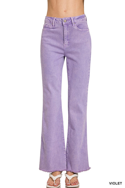 Zenana Acid Washed Frayed Cutoff Hem Straight Wide Pants - 31" Inseam