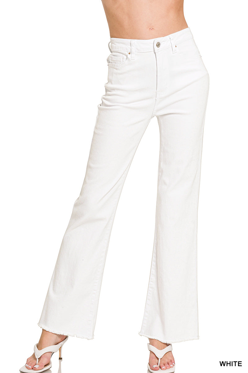 Zenana Acid Washed Frayed Cutoff Hem Straight Wide Pants - 31" Inseam