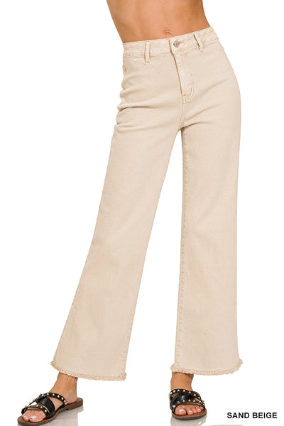 Zenana Acid Washed High Waist Frayed Hem Straight Leg Pants - 28" Inseam