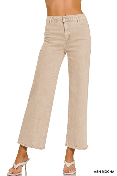 Zenana Acid Washed High Waist Frayed Hem Straight Leg Pants - 28" Inseam