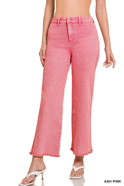 Zenana Acid Washed High Waist Frayed Hem Straight Leg Pants - 28" Inseam