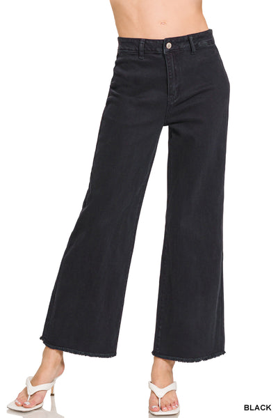 Zenana Acid Washed High Waist Frayed Hem Straight Leg Pants - 28" Inseam