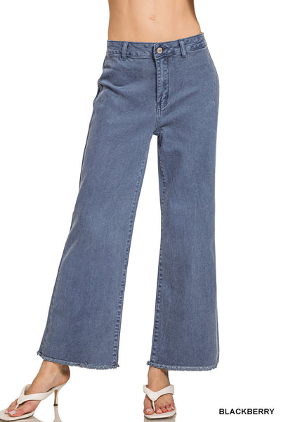 Zenana Acid Washed High Waist Frayed Hem Straight Leg Pants - 28" Inseam
