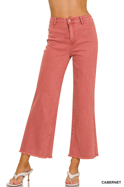 Zenana Acid Washed High Waist Frayed Hem Straight Leg Pants - 28" Inseam