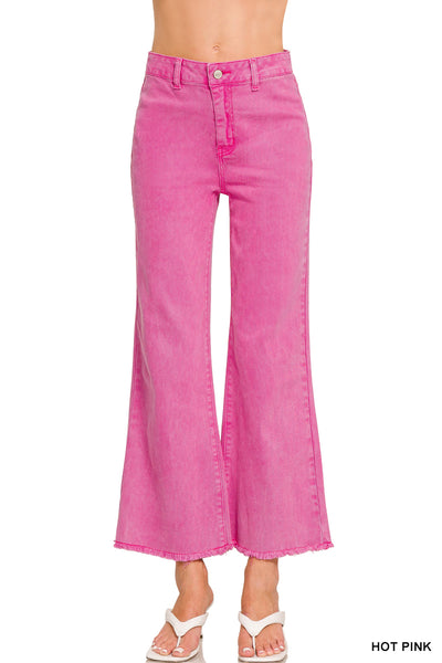 Zenana Acid Washed High Waist Frayed Hem Straight Leg Pants - 28" Inseam
