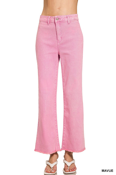 Zenana Acid Washed High Waist Frayed Hem Straight Leg Pants - 28" Inseam
