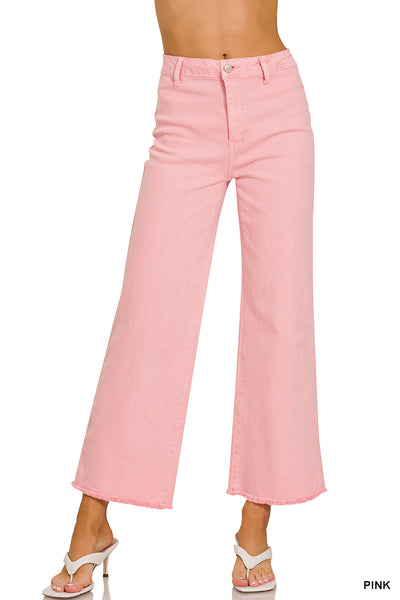 Zenana Acid Washed High Waist Frayed Hem Straight Leg Pants - 28" Inseam