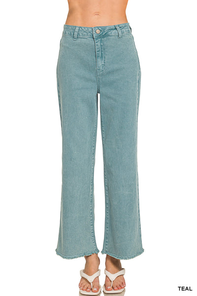 Zenana Acid Washed High Waist Frayed Hem Straight Leg Pants - 28" Inseam