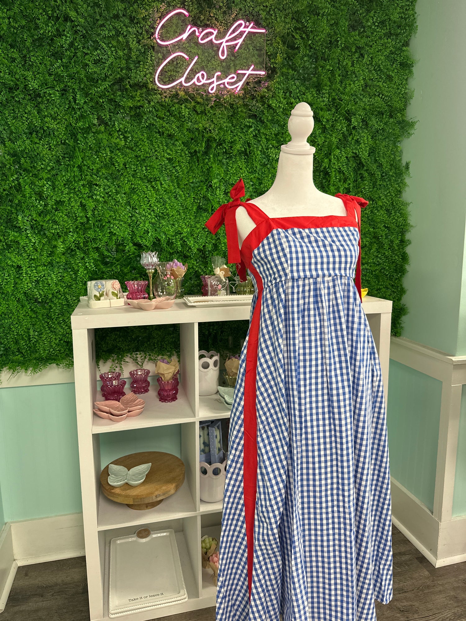 ENTRO Gingham Sleeveless Midi Dress With Shoulder Ties In Royal