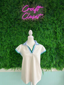 Barefoot Ladies #2066 White Color Contrast Ruffled Sleeve Collared V Neck