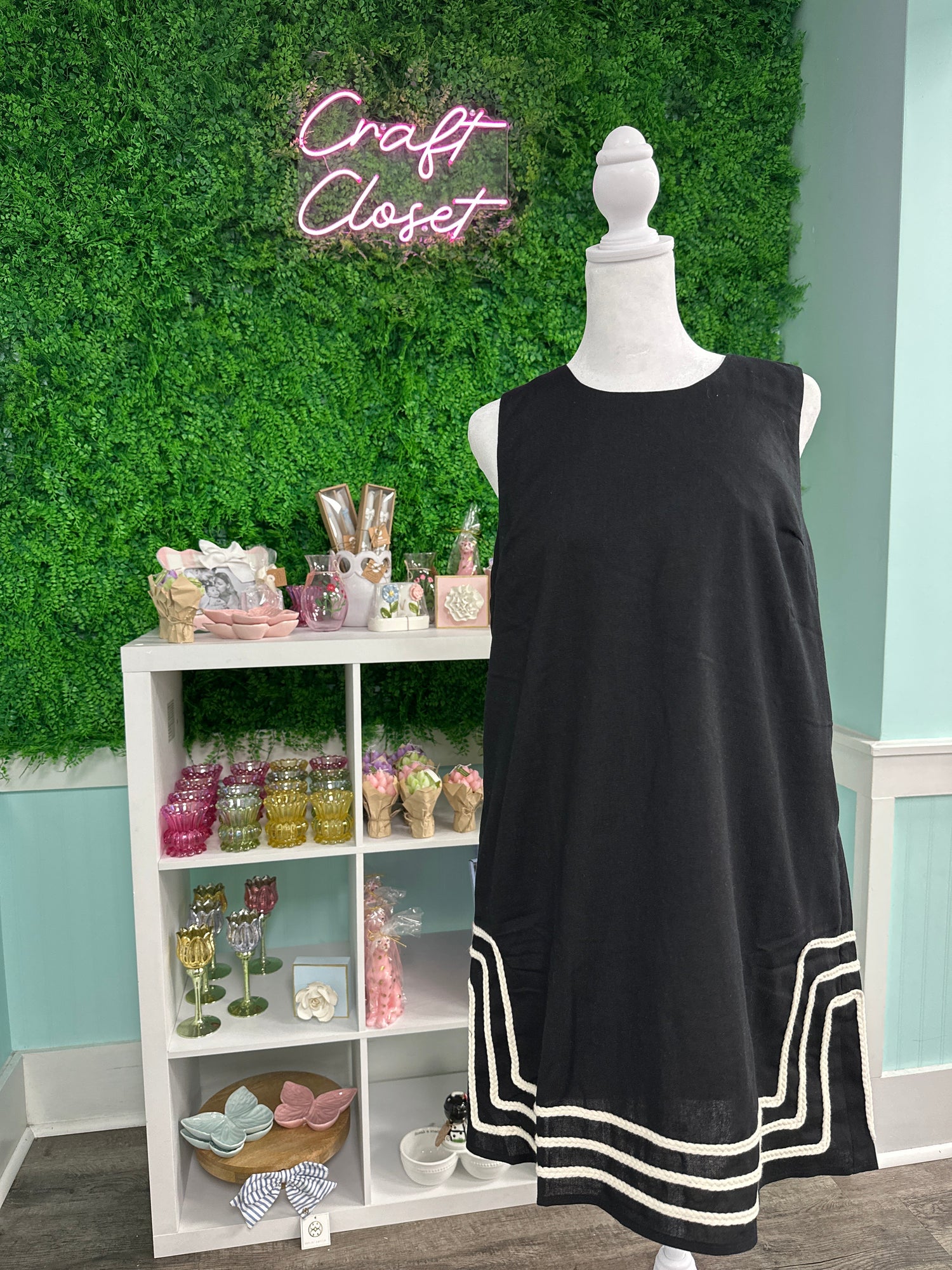 ENTRO Solid Sleeveless Mini Dress With Rope Trim In Black