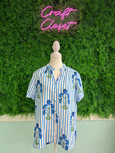 Barefoot Ladies #2083 Sky Blue Stripe Floral Buttoned Frilly Notched Neck Puff Sleeve Summer Blouse