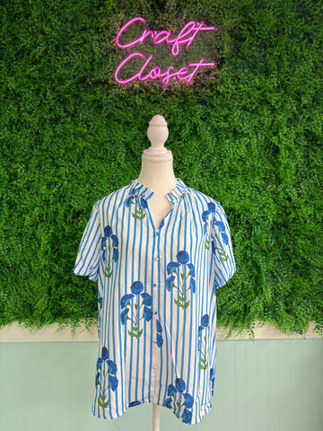 Barefoot Ladies #2083 Sky Blue Stripe Floral Buttoned Frilly Notched Neck Puff Sleeve Summer Blouse