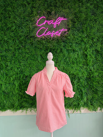 Barefoot Ladies #2076 Pink Stripe Notched Neck Frilled Short Puff Sleeve Blose