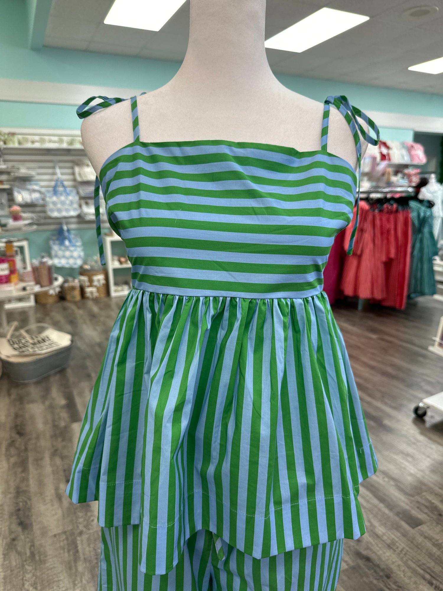 ENTRO Striped Tie Shoulder Tank In Green