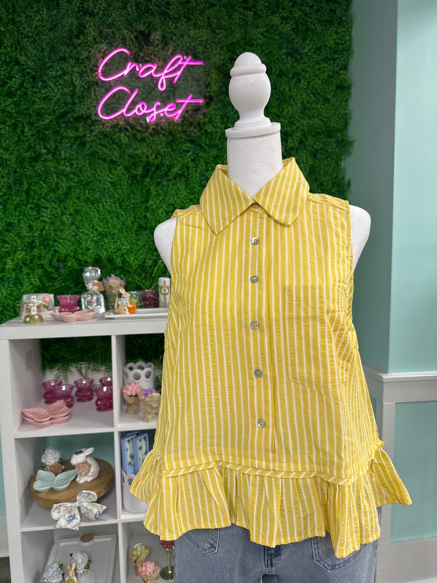 Entro Sleeveless Collared Top With Ruffle Trim In Yellow