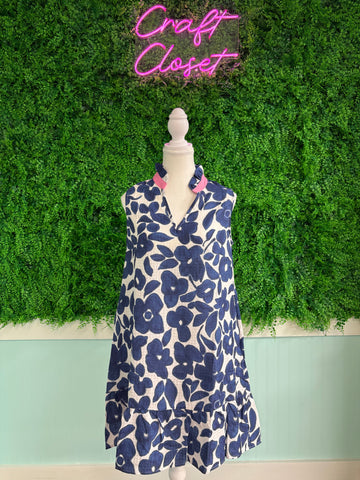 Barefoot Ladies #2069 Blue Floral Sleeveless Colorblock Notched V Neck Mini Dress