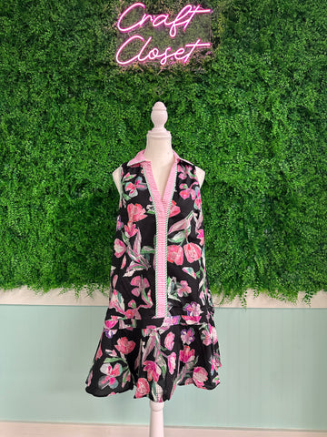 ENTRO Floral Flounce Skirt Mini Dress In Black