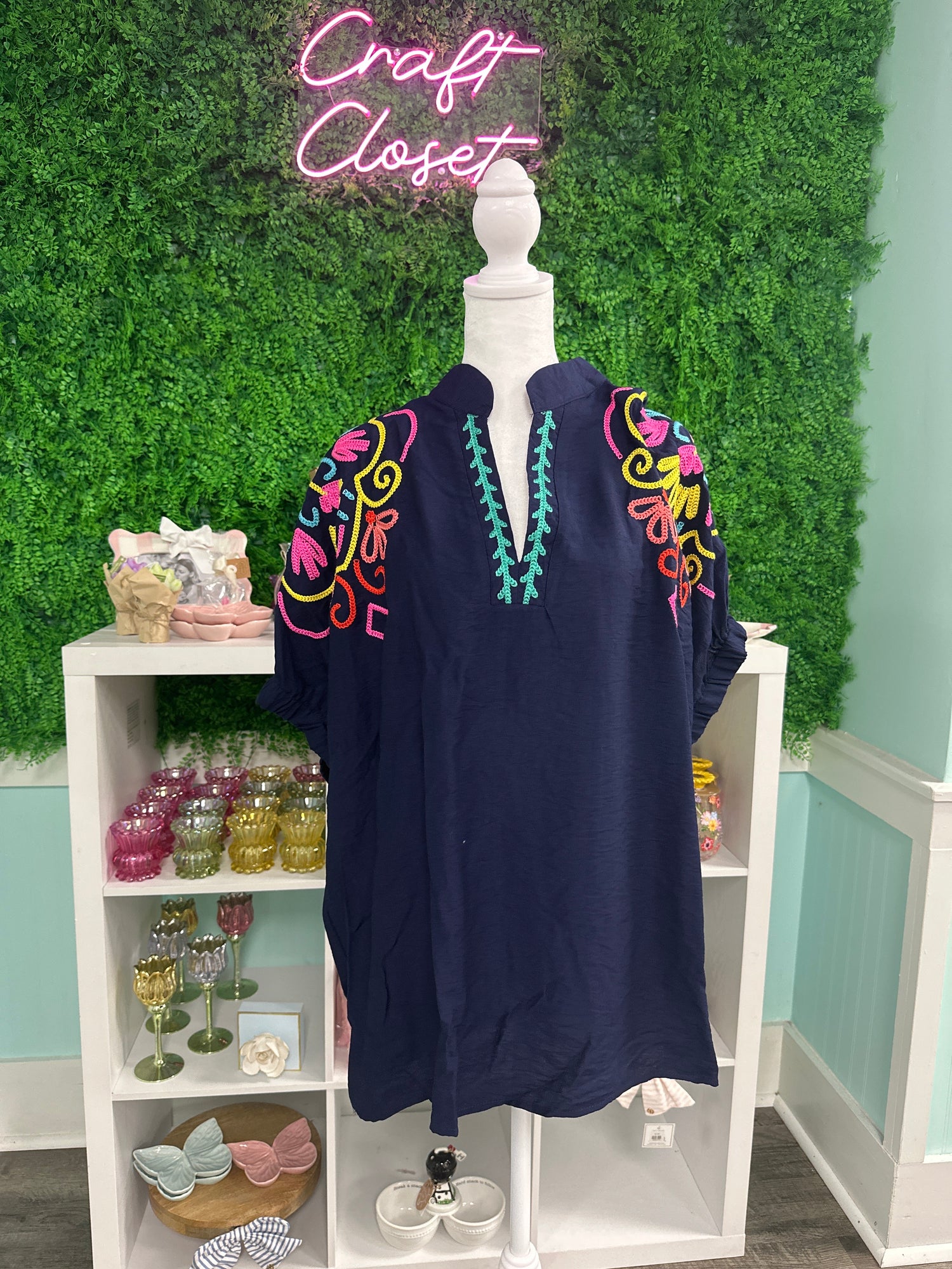 UMGEE Multi Color Embroidered V Neck Top In Navy PLUS Sizes