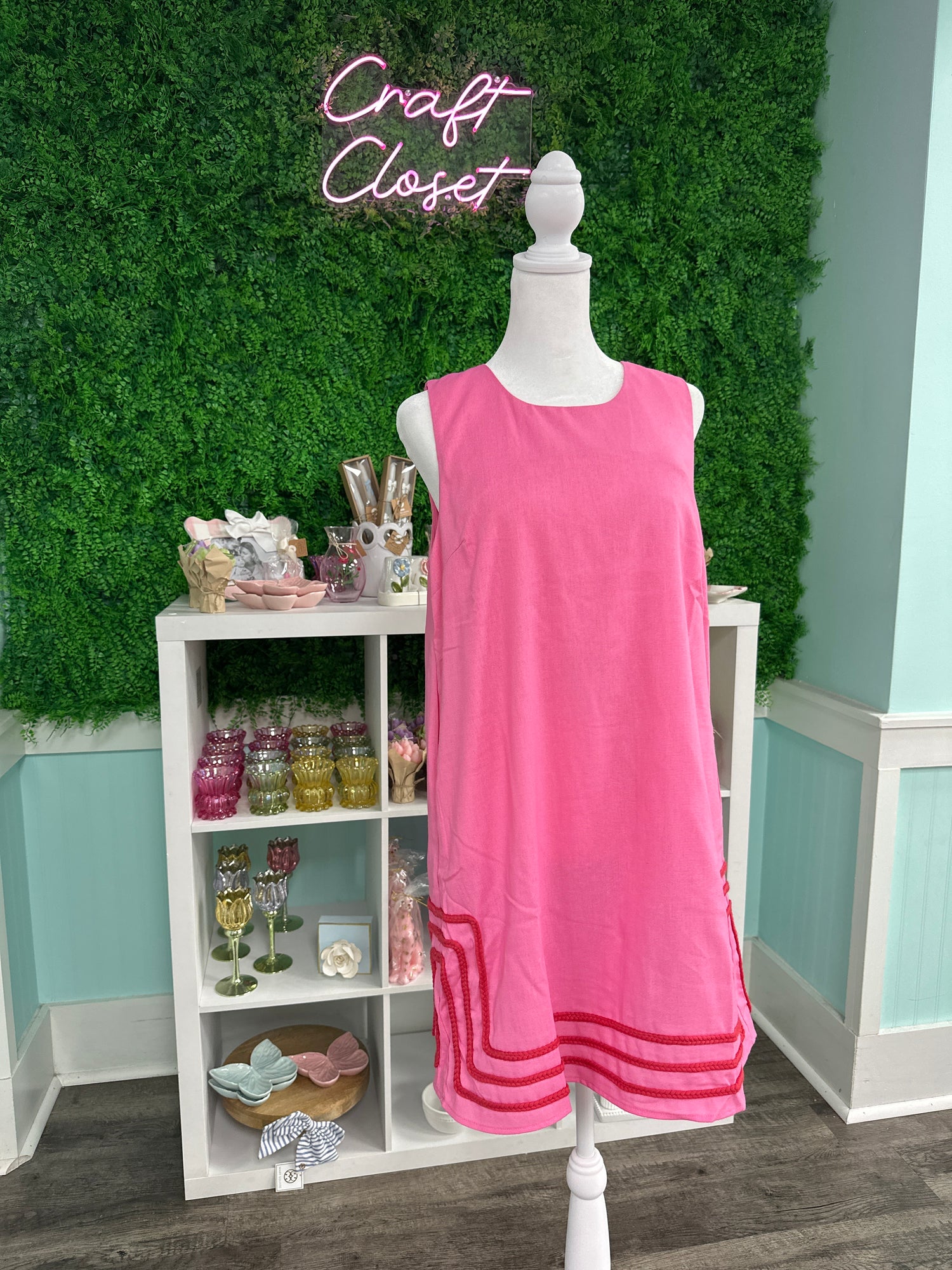 ENTRO Solid Sleeveless Mini Dress With Rope Trim In Pink