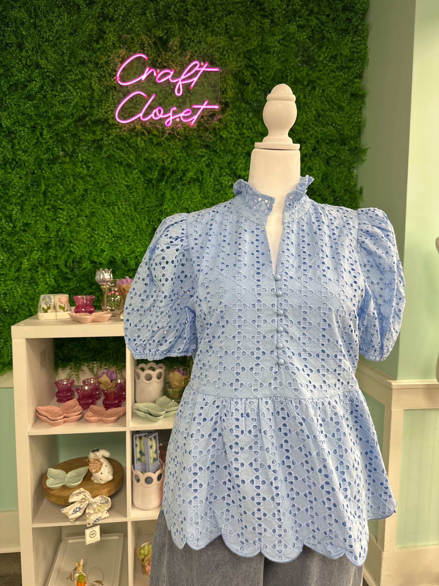 ENTRO Short Puff Sleeve Eyelet Top In Blue PLUS Size