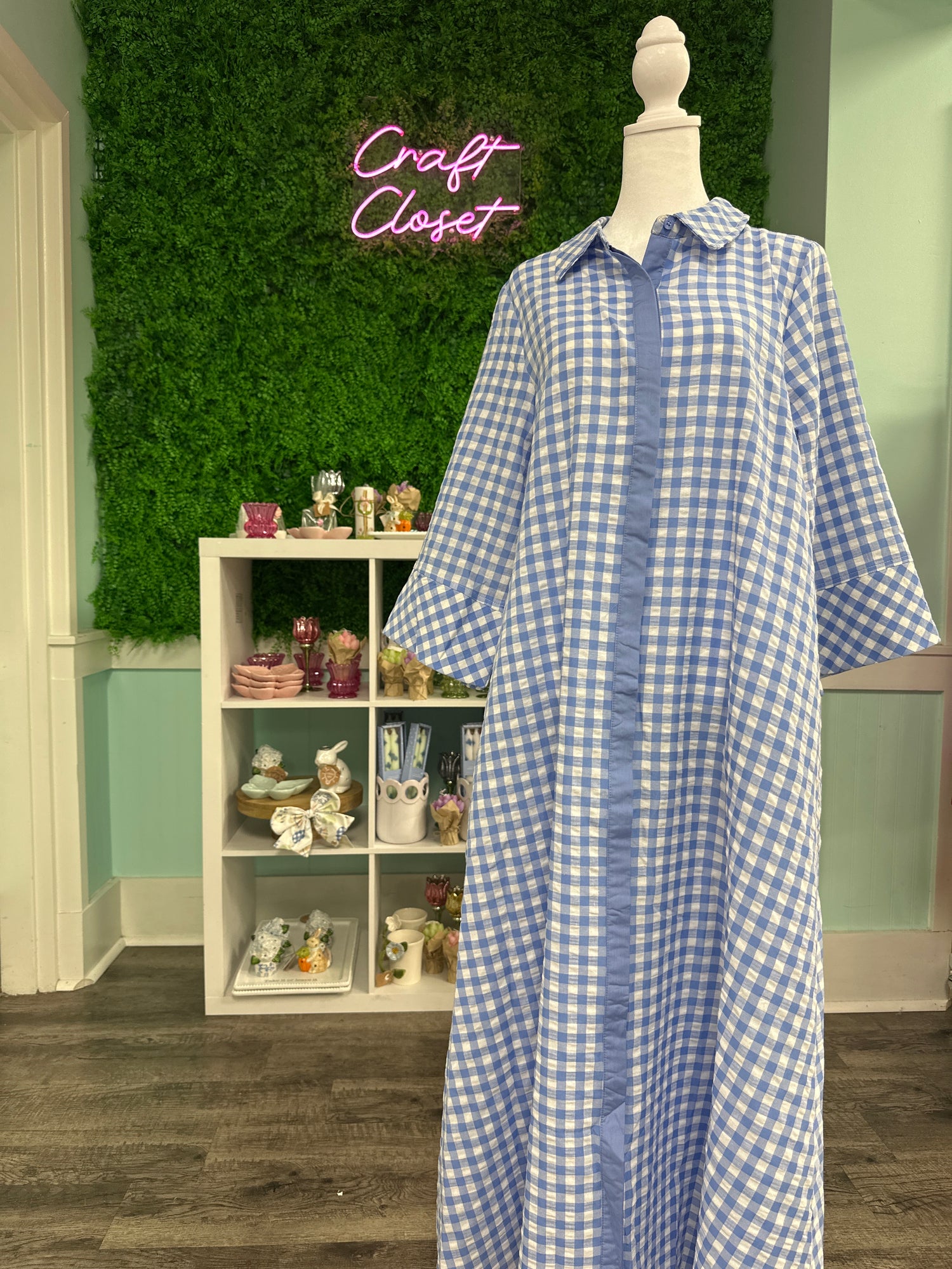 ENTRO Gingham 3/4 Sleeve Midi Dress In Blue