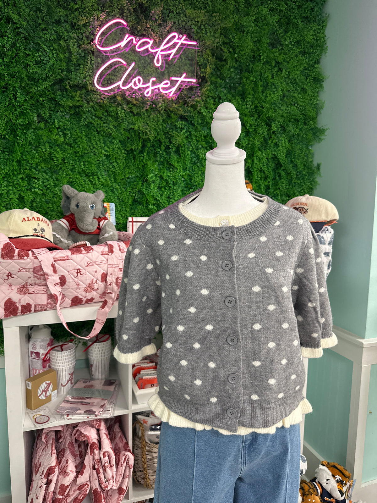 ENTRO Polka Dot Short Sleeve Sweater In Grey