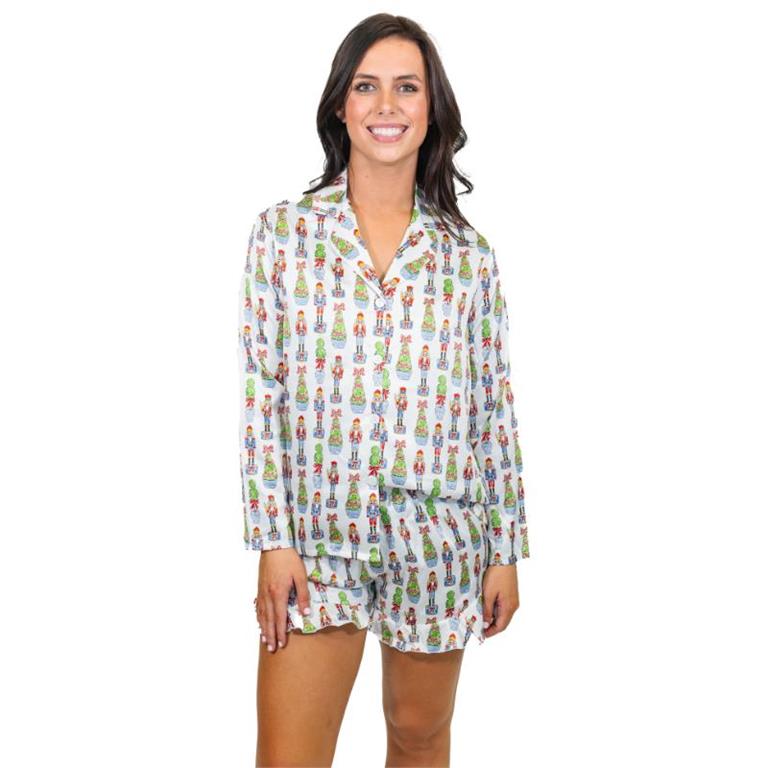 Jane Marie- Festive Nutcracker Silky Satin Pajama Long Sleeve Short Set