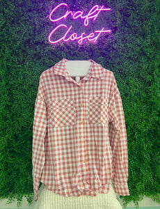 Barefoot Ladies #1322 Pink Gingham Print Chest Pockets Buttoned Collared Shirt