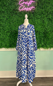 Barefoot Ladies Clothing #1438 Blue Western Abstract Geometric Printed Maxi Dress