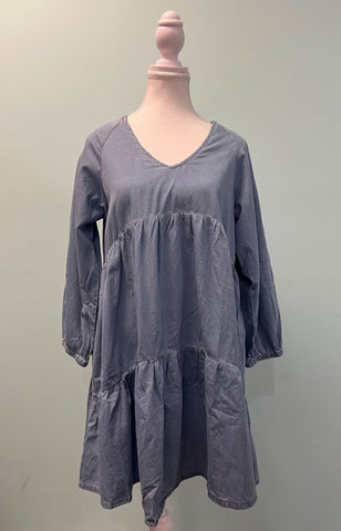 Barefoot Ladies #1261 Beau Blue Puff Sleeve V Neck Tiered Ruffled Chambray Mini Dress