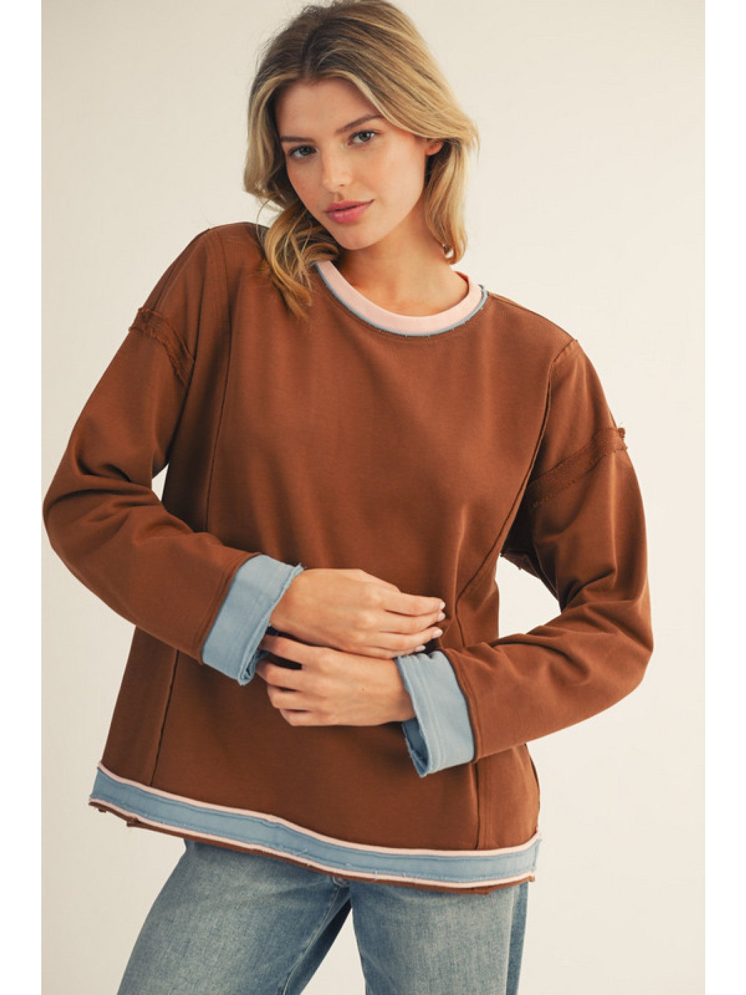 Jodifl Long Sleeve Color Block Top In Brown