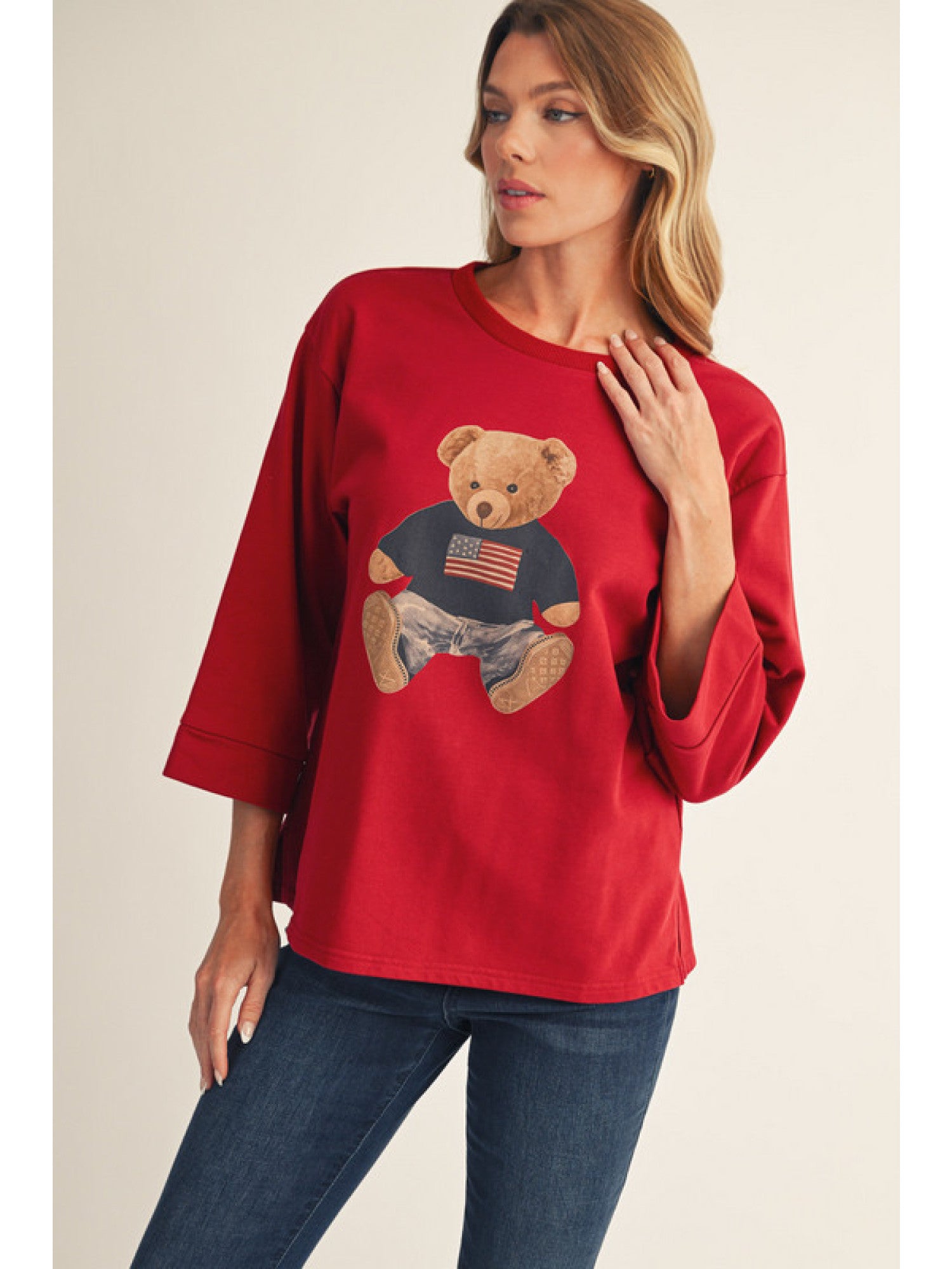 Jodifl 3/4 Sleeve Teddy Bear Top In Burgundy