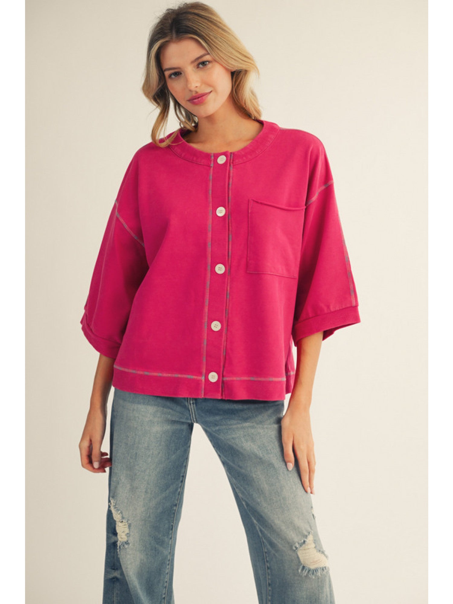 Jodifl 3/4 Sleeve Button Down Top In Magenta