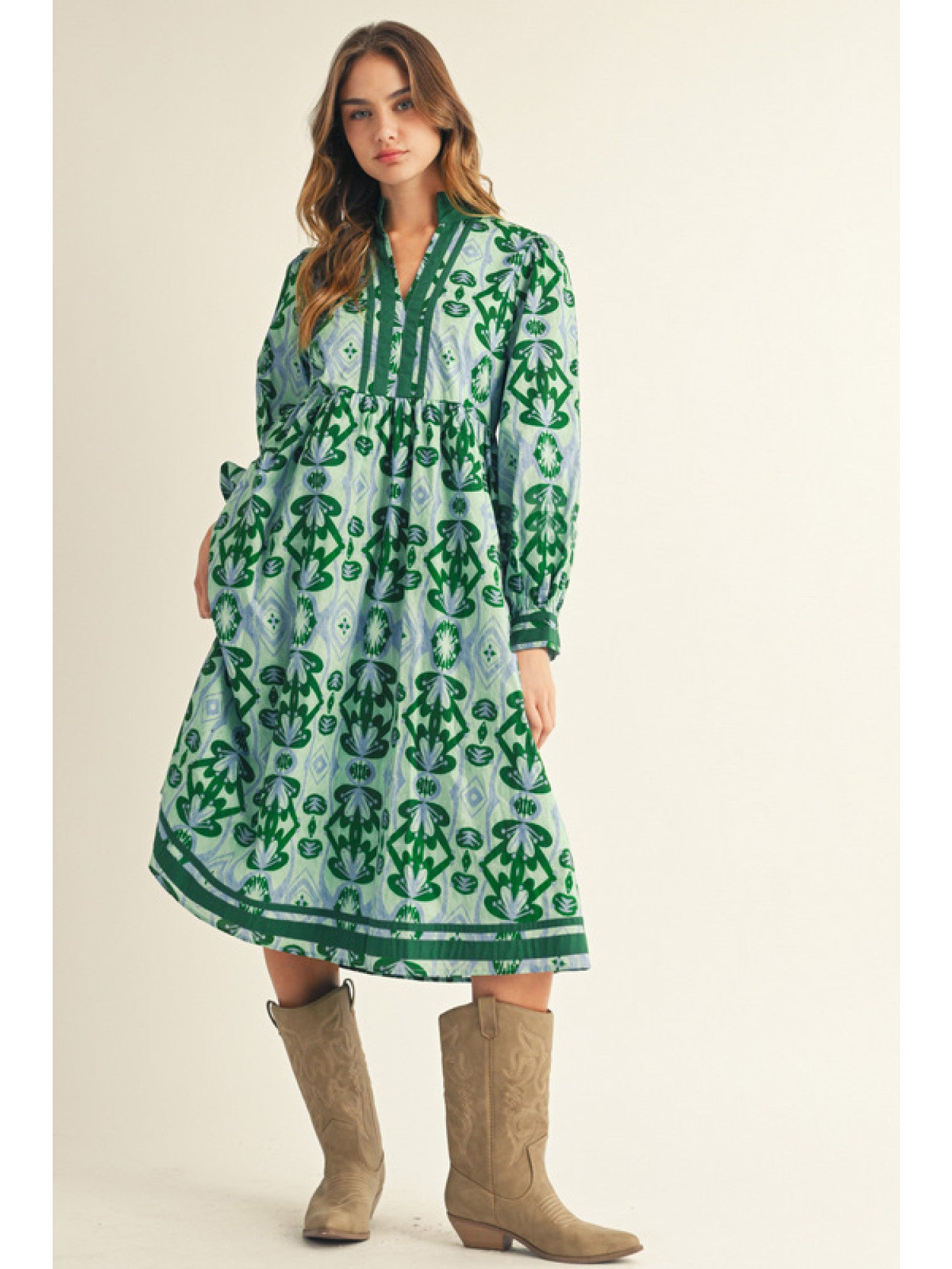Jodifl Long Sleeve Geo Floral Midi Dress In Green