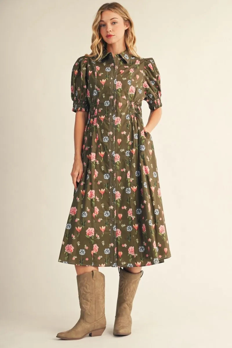 Jodifl Short Sleeve Floral Midi Dress In Olive *COMING SOON*