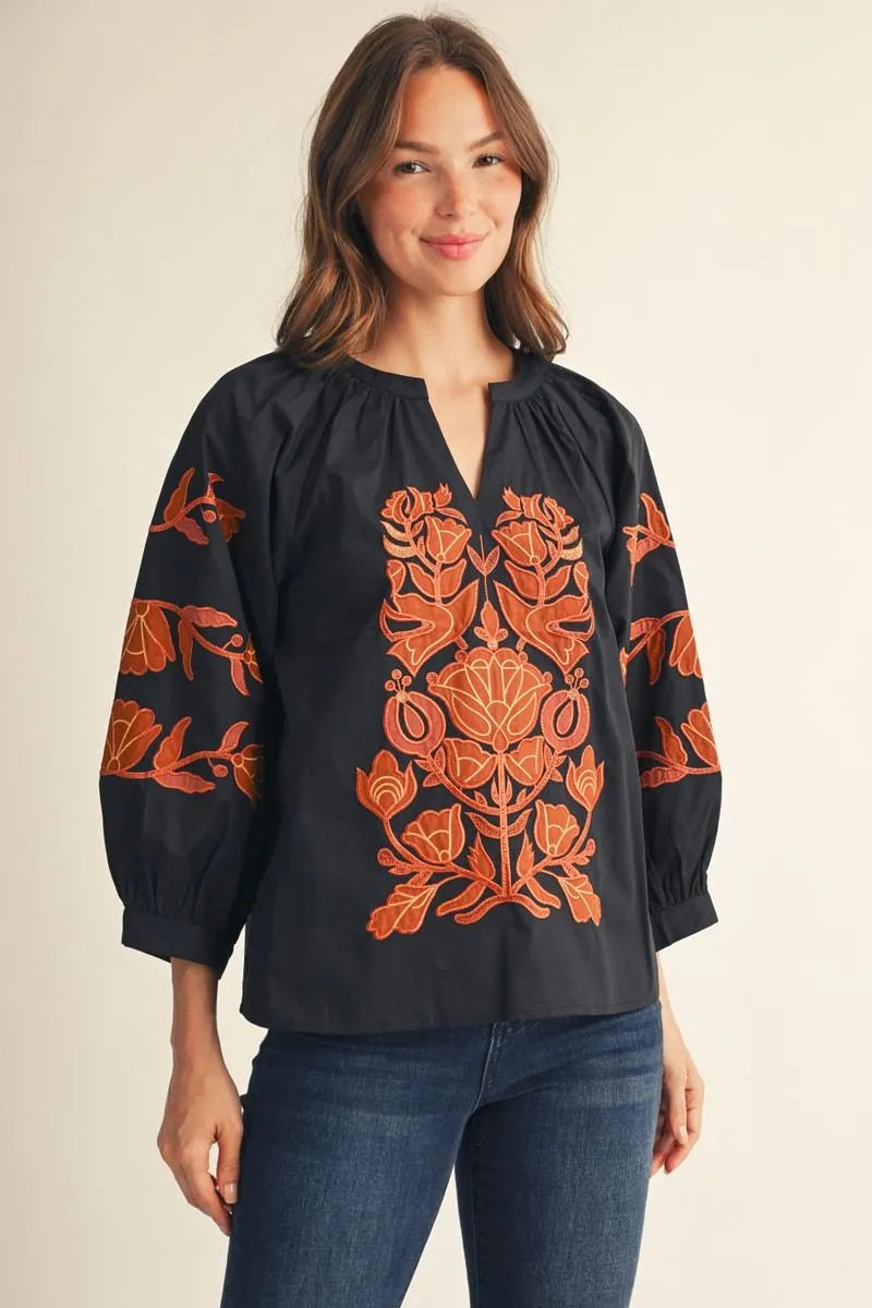 Jodifl 3/4 Embroidered Sleeve Top In Black *COMING SOON*