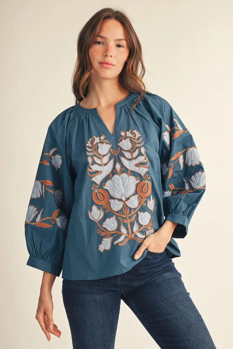 Jodifl 3/4 Embroidered Sleeve Top In Teal