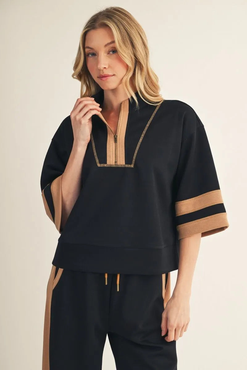 Jodifl Drop Shoulder Black Top With Camel Trim