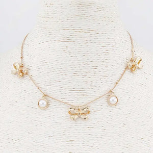 Gold Bow & Pearl Charm Necklace