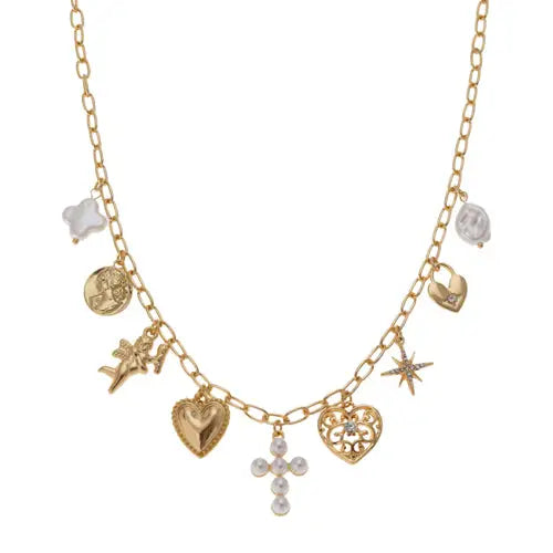 Gold Chain With Cross Multi Charm Necklace