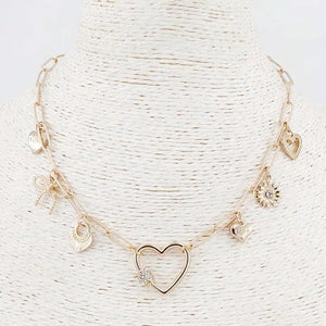 Gold Heart Rhinestone Charm Necklace