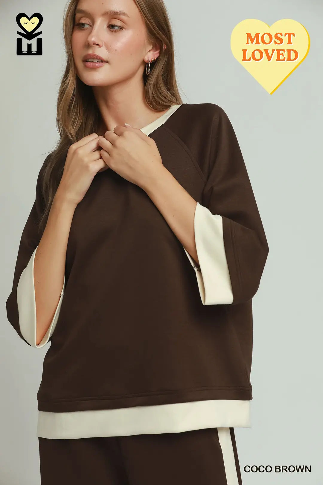 UMGEE Colorblock Crewneck Ragland Sleeve Top In Coco Brown *COMING SOON*