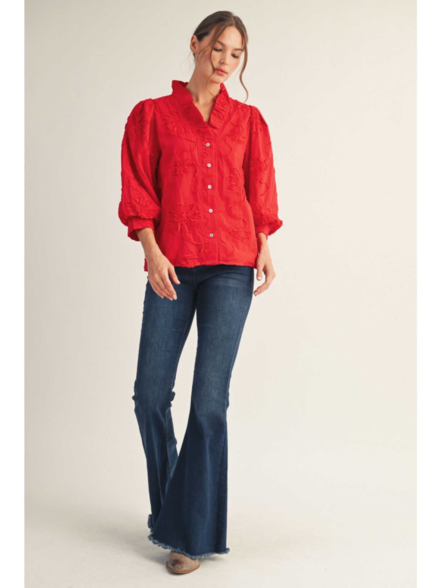 Jodifl 3/4 Sleeve Button Down 3D Floral Top In Red