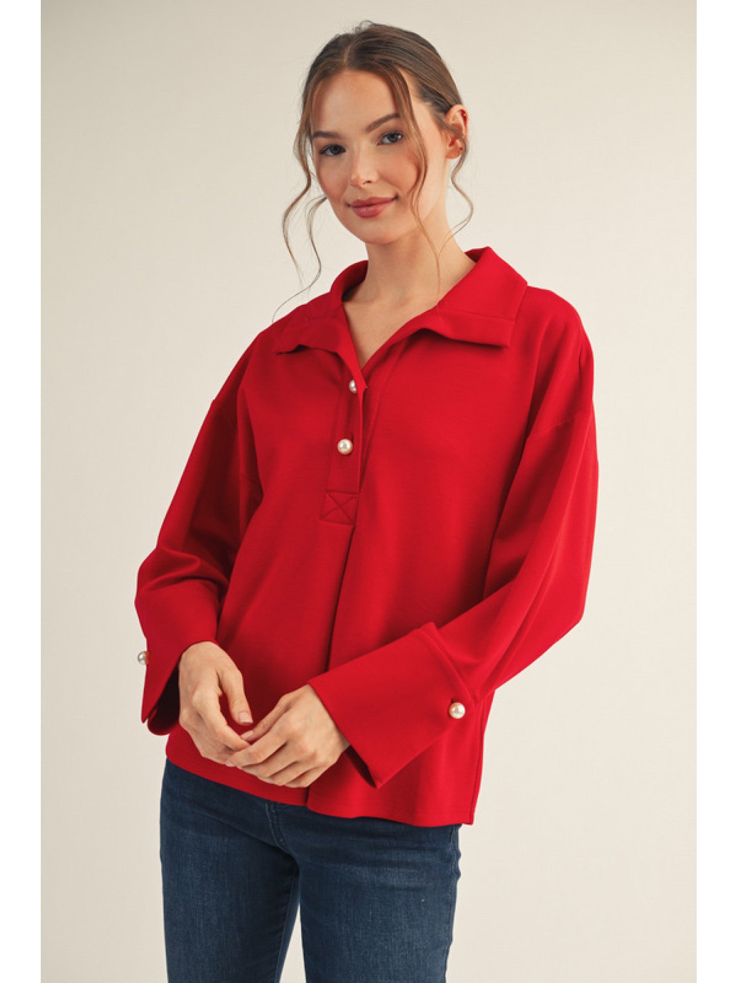 Jodifl Long Sleeve Top With Pearl Accent In Red