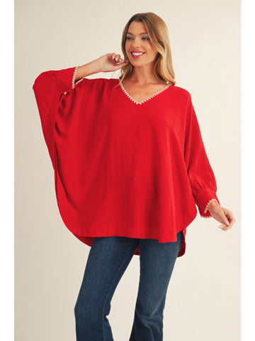 Jodifl Drop Shoulder Top With Stitch Detail In Red *COMING SOON*