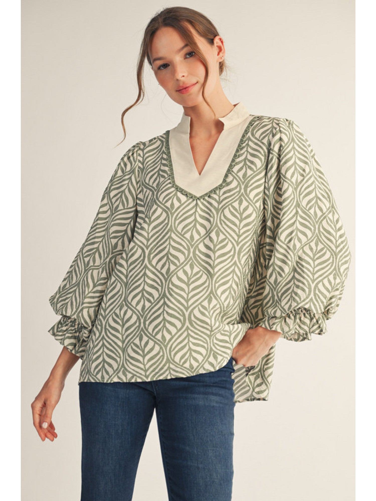 Jodifl 3/4 Sleeve Boho Leaf Print Top In Sage